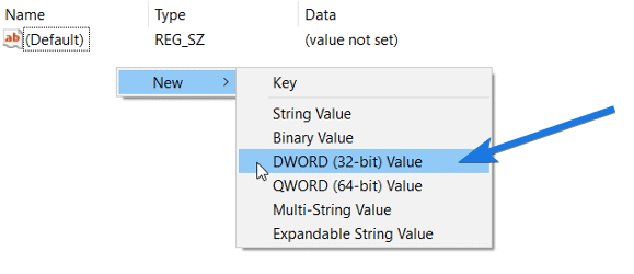Choose the DWORD (32-bit) Value Option