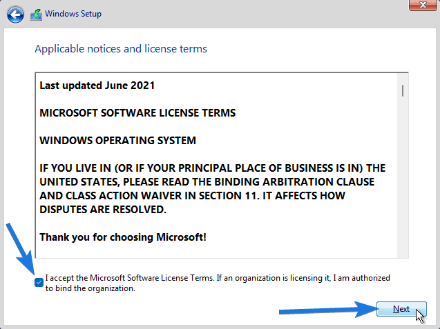 Enable I accept the Microsoft Software License Terms