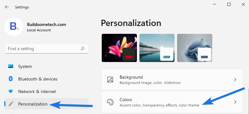 Go to Personalization section and then click on Colors option