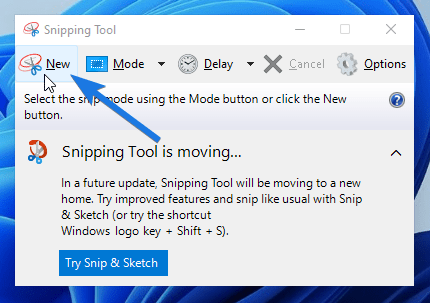 Open Snipping Tool and then click on New