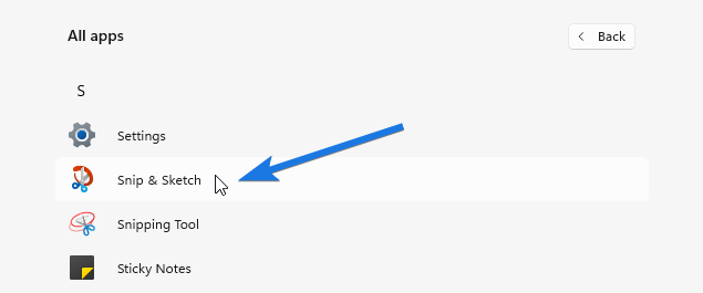 Scroll down all apps and find Snip & Sketch app