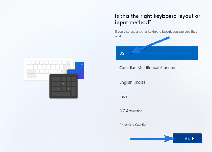 Select keyboard layout as US