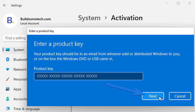 Enter the product key and then click on Next