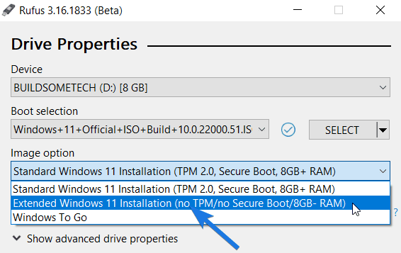 Select Extended Windows 11 Installation option