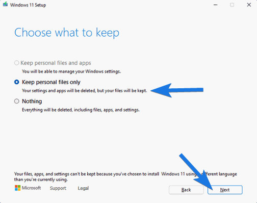 Select Keep personal files only and click Next