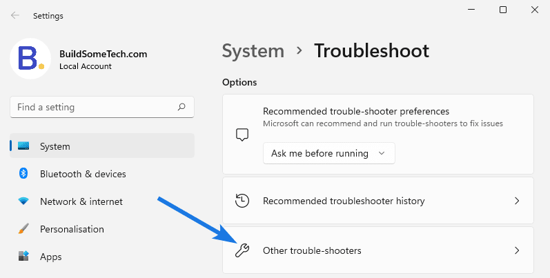 Click on Other troubleshooters option