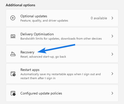 Click on Recovery option