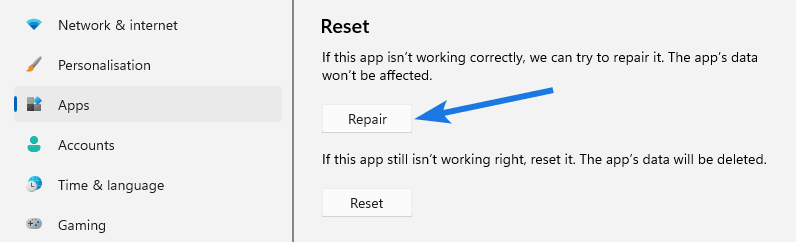 Click on Repair button