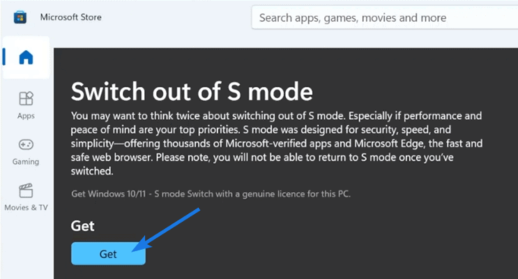 Redirected to Switch out of S Mode page Click Get Button Redirected to Switch out of S Mode page & Click Get Button