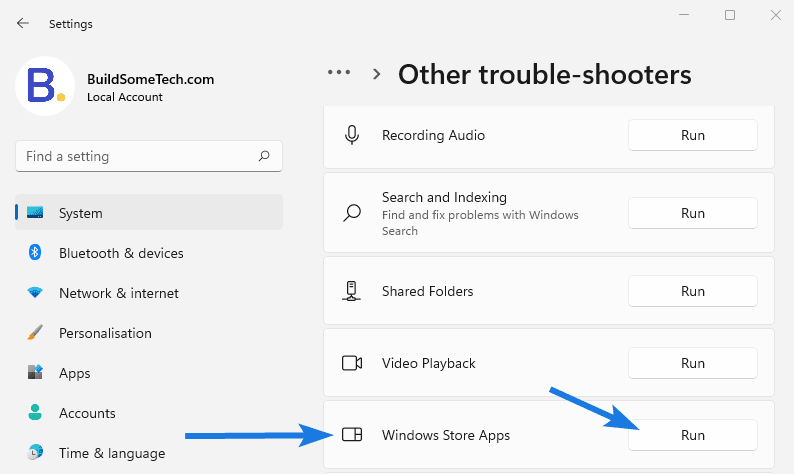 Search Windows Store Apps and then click on Run