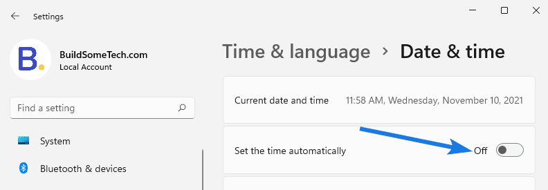 Turn off Set Time Automatically option