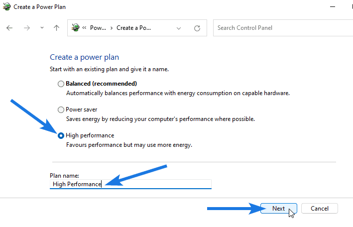 Power plan with High-performance settings