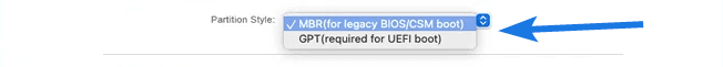 Select Partition Style as MBR or GPT