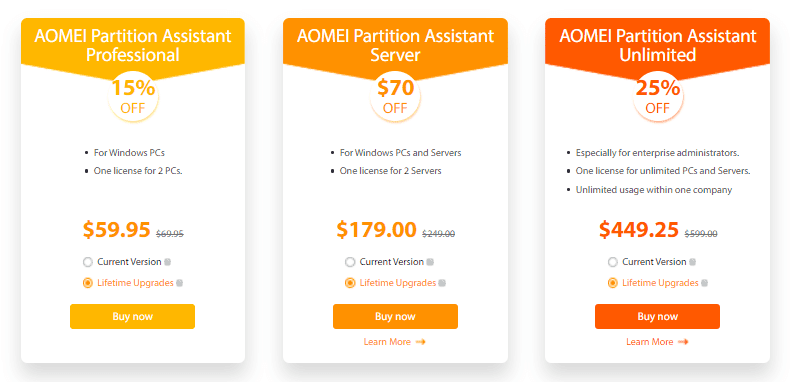 AOMEI Partition Assistant Pricing Plans
