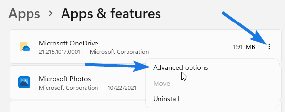 OneDrive Advanced options