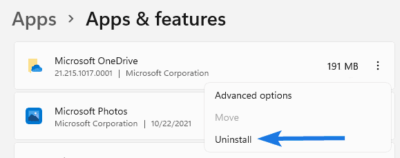 Uninstall OneDrive via Windows 11 Settings