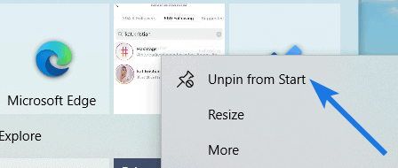 Select Unpin from Start Option