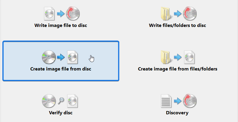 Click on the Create image file from disc button