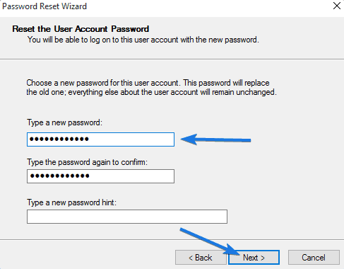 Reset User Account Password dialog