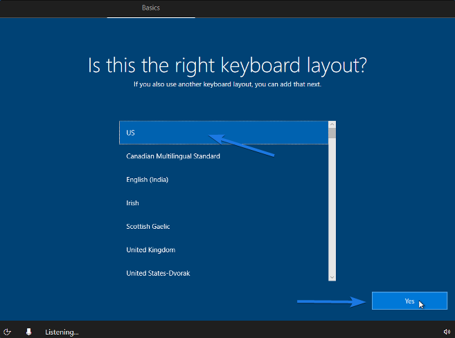 Select Right keyboard layout as US