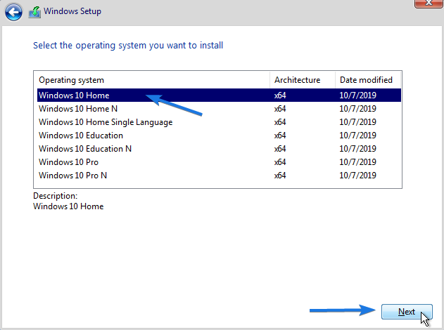 Select Windows 10 Home 64 Bit version