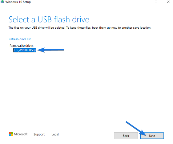 Select Windows 10 USB Drive