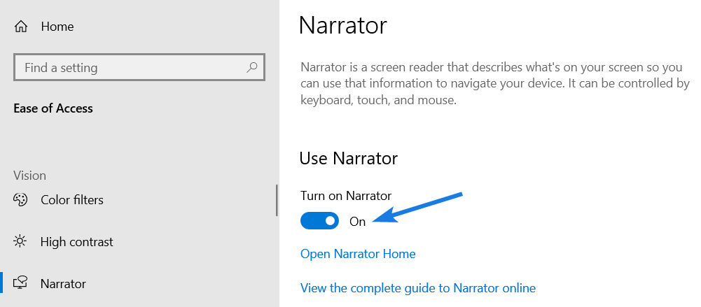 Toggle Turn on Narrator Button