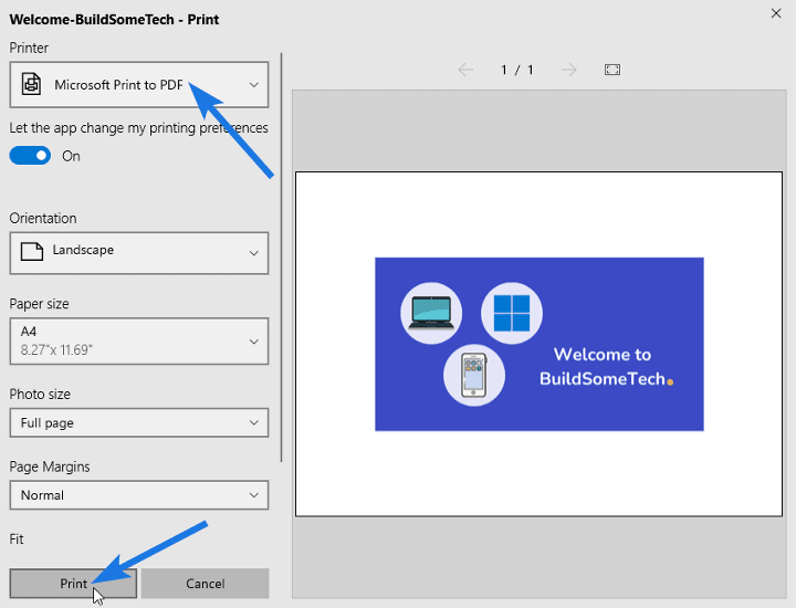 Select Printer as Microsoft Print to PDF