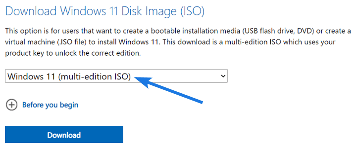 Select Windows 11 multi edition ISO option