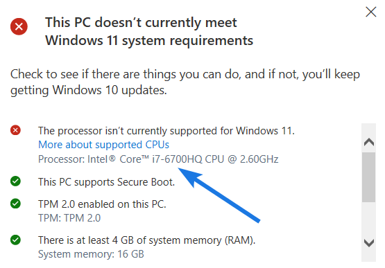 Intel i7-6700HQ is not Compatible Windows 11