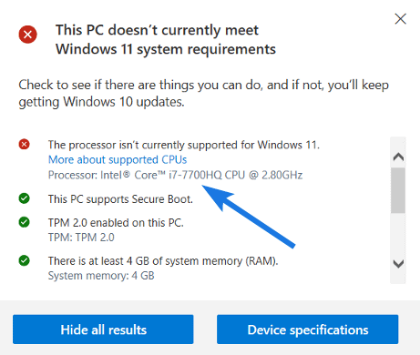 Intel i7-7700HQ is not Compatible Windows 11