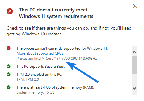 Intel Core i7-7700 is not compatible with windows 11