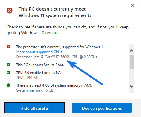 Intel i7-7600u is not supported by Windows 11