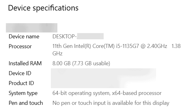 Windows 10 Device Specifications section