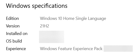 Windows 10 Windows Specifications Section