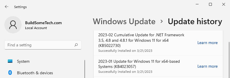 Head over to Windows Update History