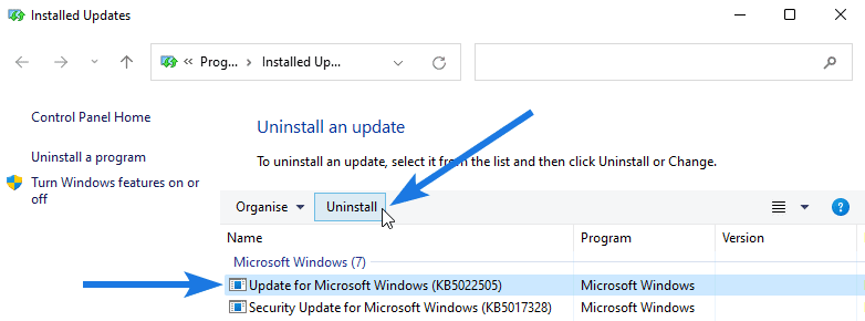 Select Recent Update to Uninstall