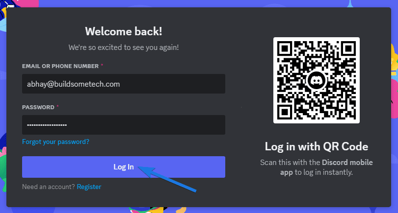 Login or create new account on discord