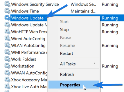 Go to properties of Windows Update Service