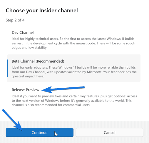 select the insider channel as Release Preview