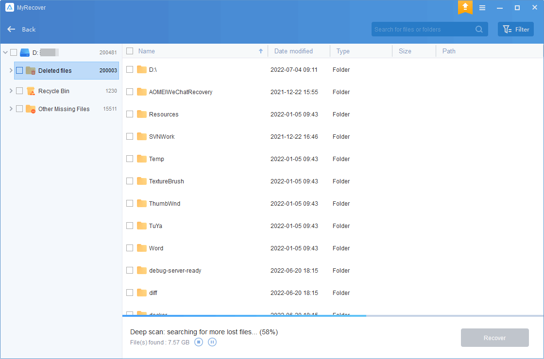 MyRecover scanning deleted items