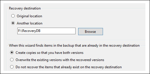 Select location to restore database